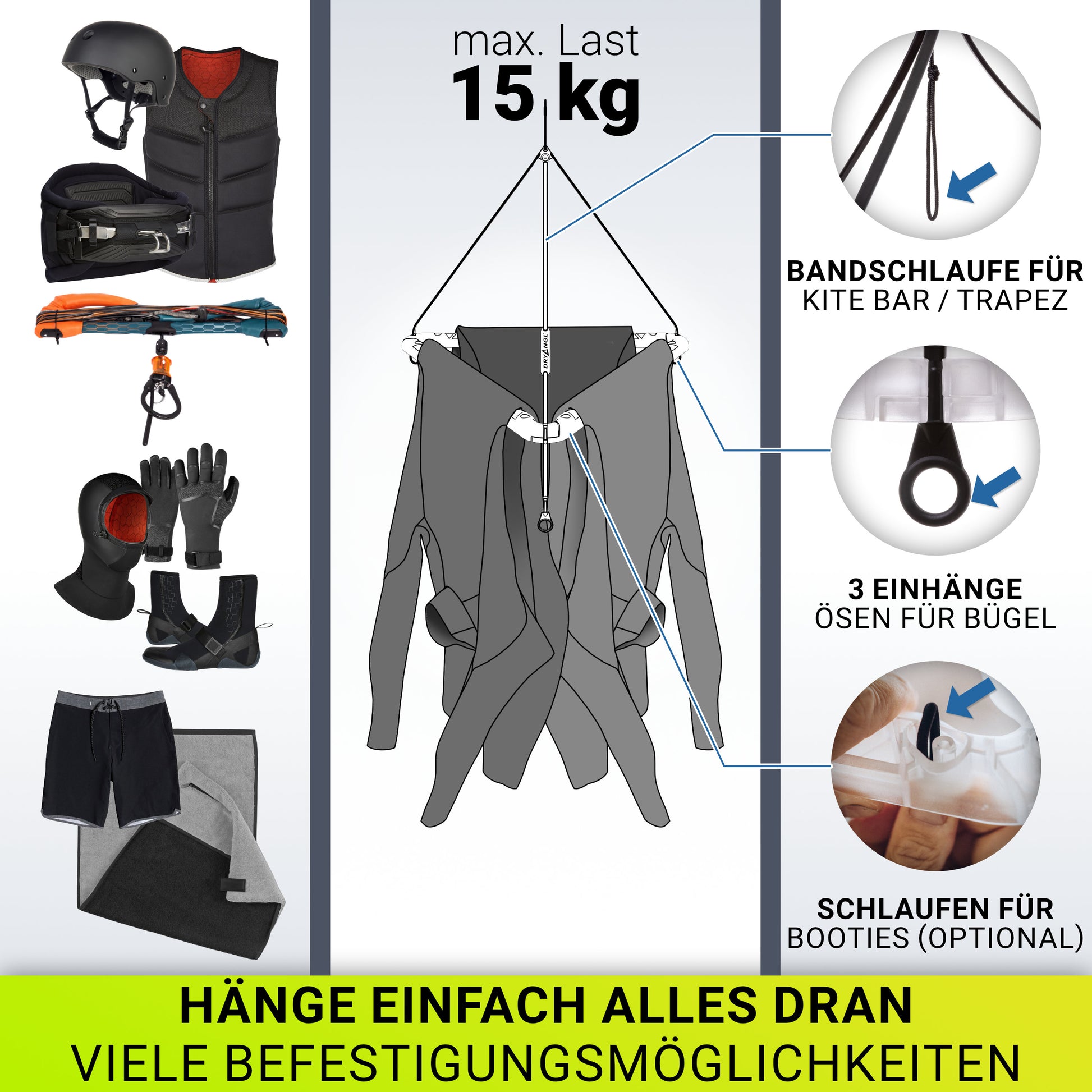 Neoprenanzug Aufhängebügel mit Zubehörhalterung – Kitebar, Trapez und Booties sicher aufhängen