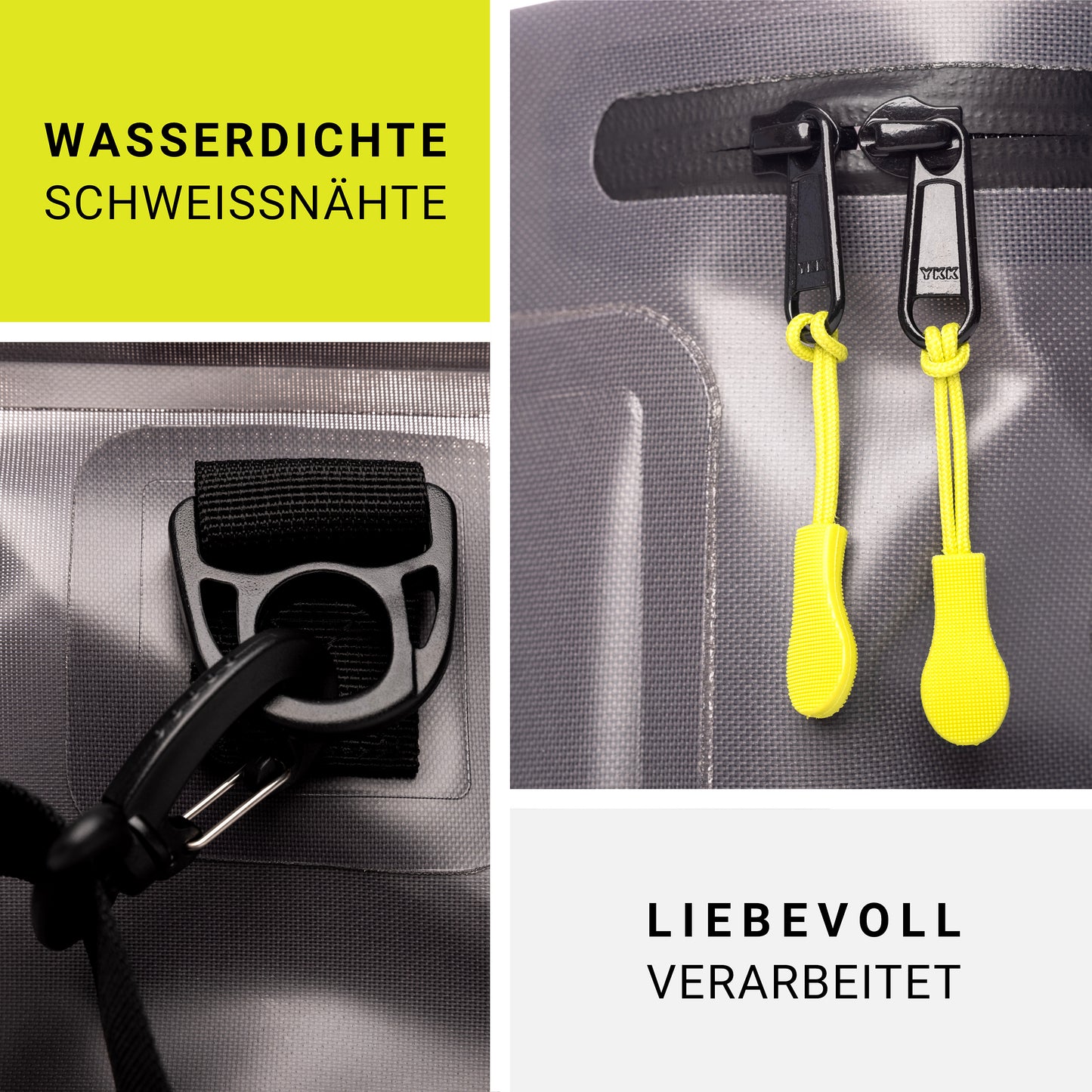 Detailaufnahmen: Wasserdichte Schweißnähte und hochwertige Reißverschlüsse der DRYANGL GearTub