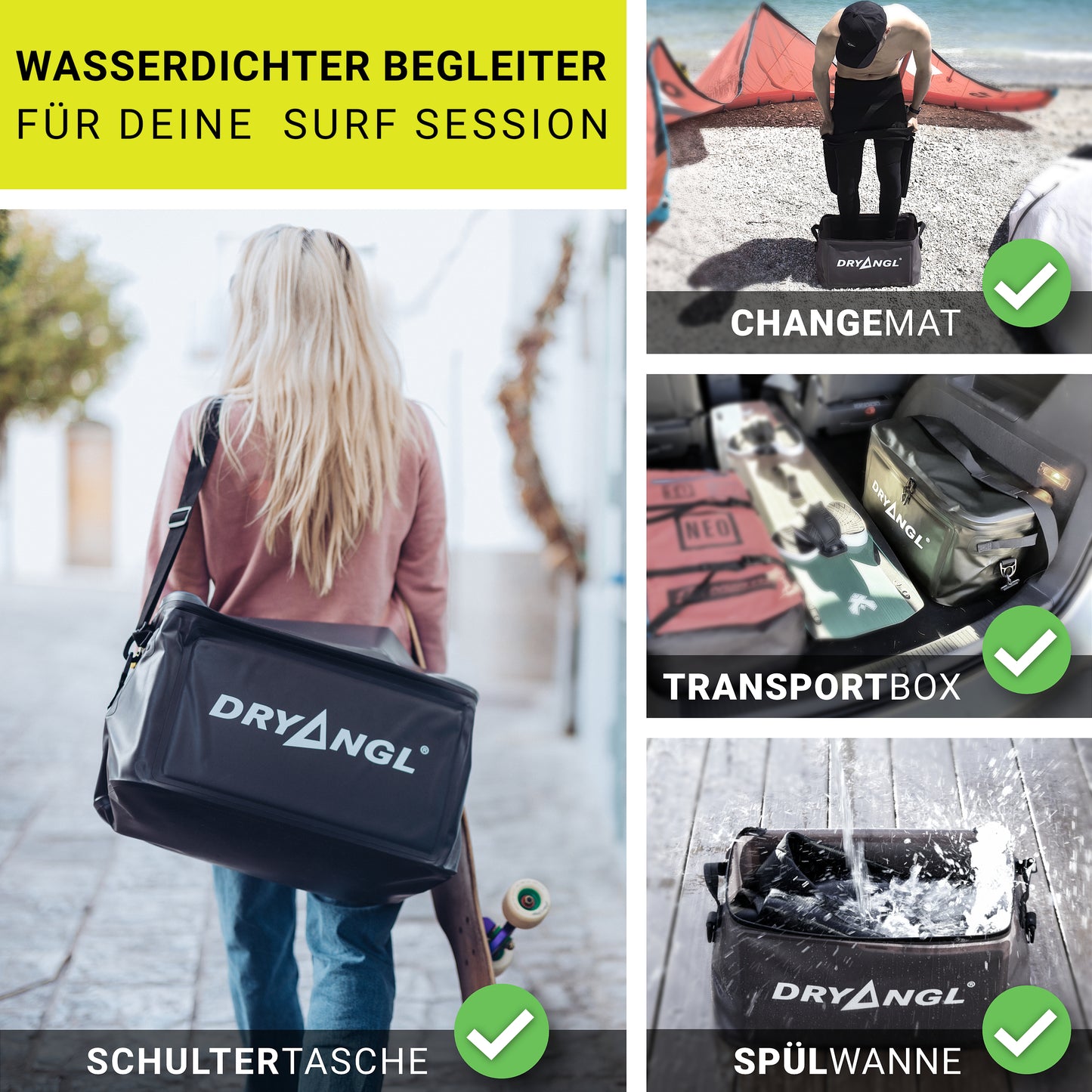 Surferin mit DRYANGL GearTub Tasche auf dem Weg zum Spot – stylisch und praktisch