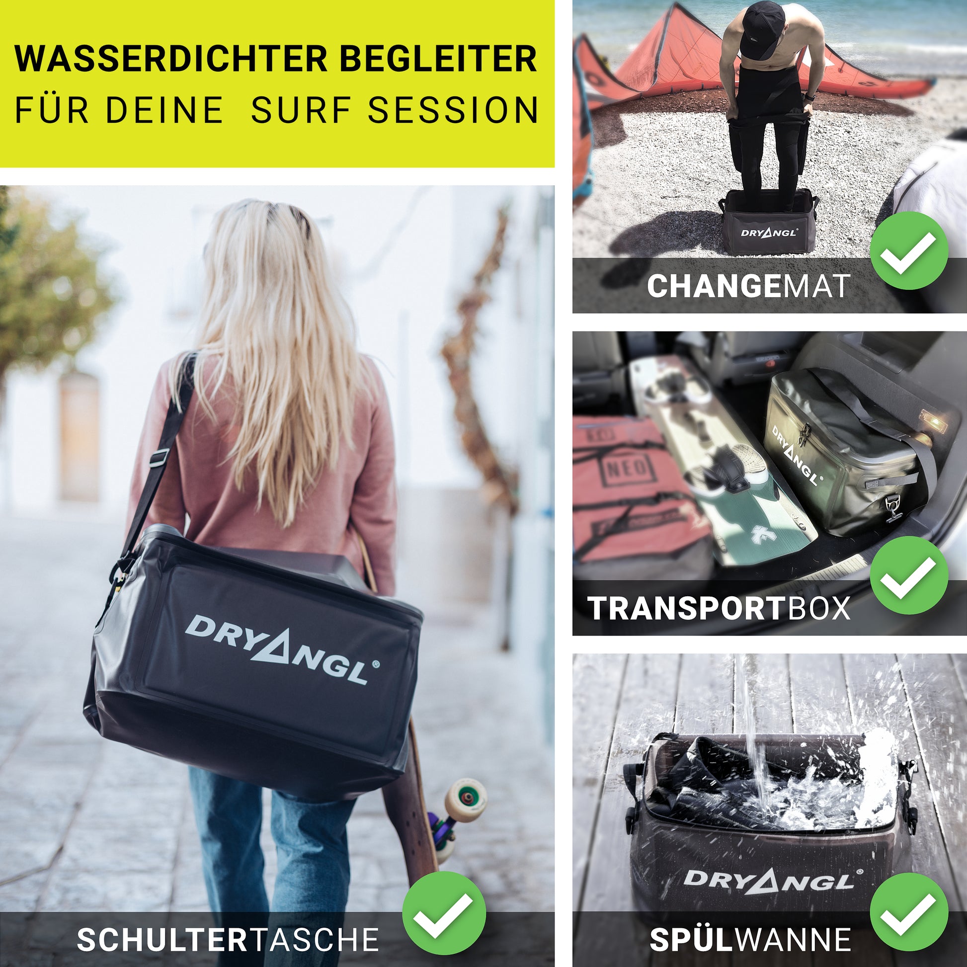 Surferin mit DRYANGL GearTub Tasche auf dem Weg zum Spot – stylisch und praktisch