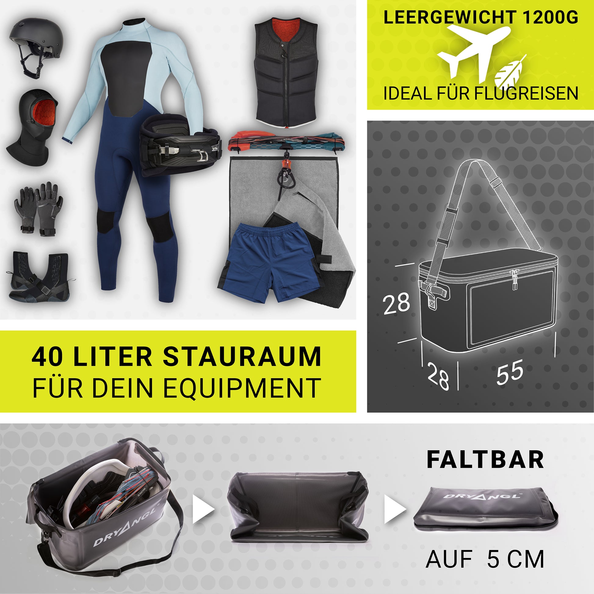 40 Liter Stauvolumen für Wetsuits & Co – faltbare DRYANGL GearTub mit idealen Maßen