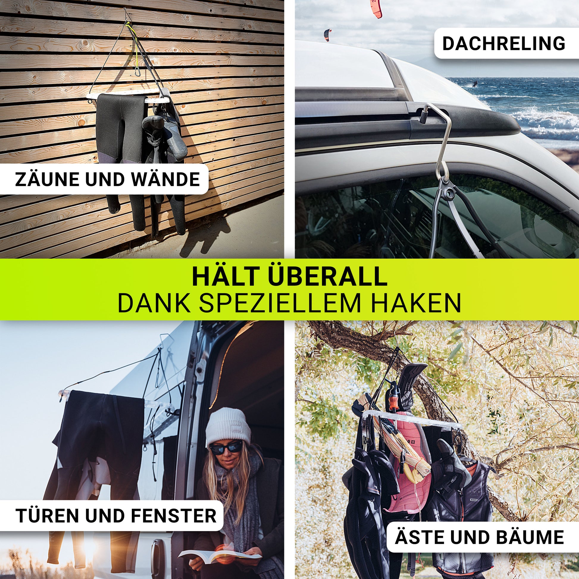 DRYANGL Hakenhalterung befestigt an Zaun, Autodach und Bäumen – universell einsetzbar