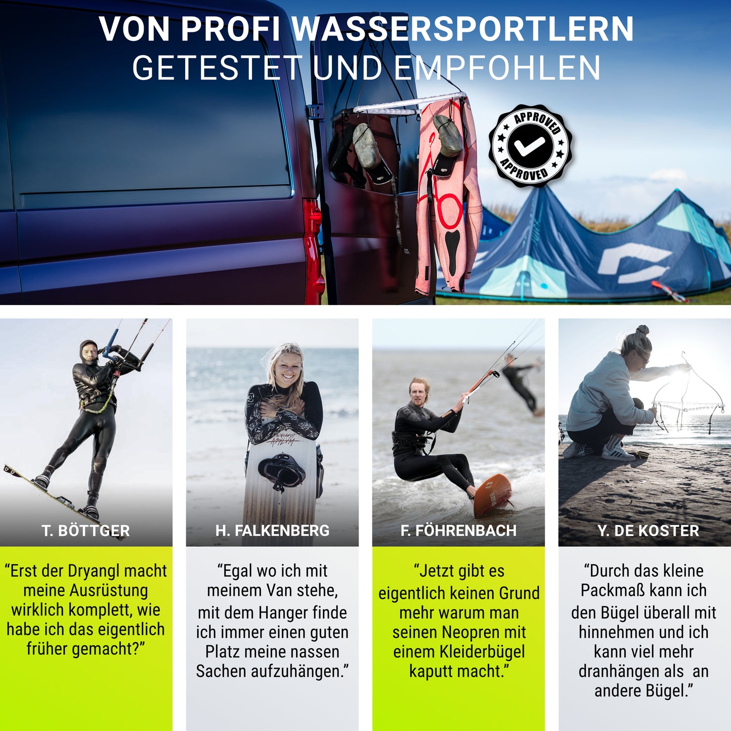 Profi-Wassersportler nutzen und empfehlen BootBungees – für ordentliche, schonende Trocknung unterwegs.