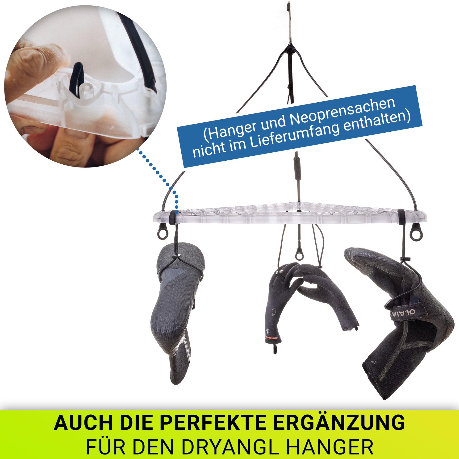 BootBungees als Zubehör am DRYANGL-Hanger – ideal zur Kombination beim Trocknen mehrerer Neoprenteile.