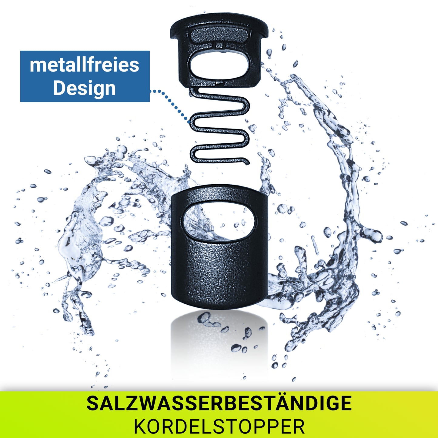 Aufgeschnittener Kordelstopper zeigt salzwasserbeständiges, metallfreies Design für langlebigen Einsatz.