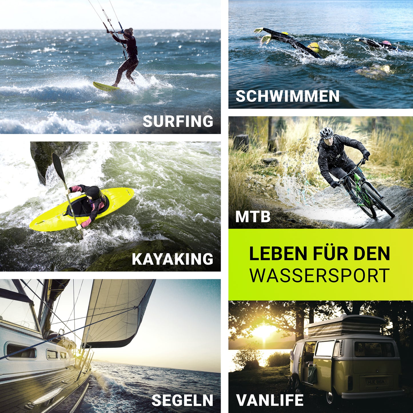 Anwendungsbeispiele für BootBungees: Surfing, Kayaking, Segeln, Schwimmen, Vanlife und Mountainbike.