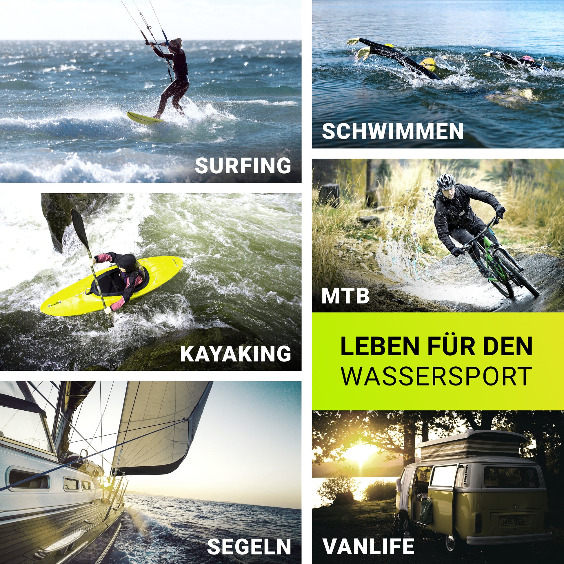 Anwendungsbeispiele für BootBungees: Surfing, Kayaking, Segeln, Schwimmen, Vanlife und Mountainbike.