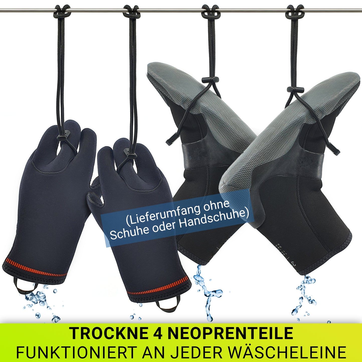 Vier BootBungee-Schlaufen im Einsatz zum Trocknen von Neoprenschuhen und Handschuhen an einer Leine.