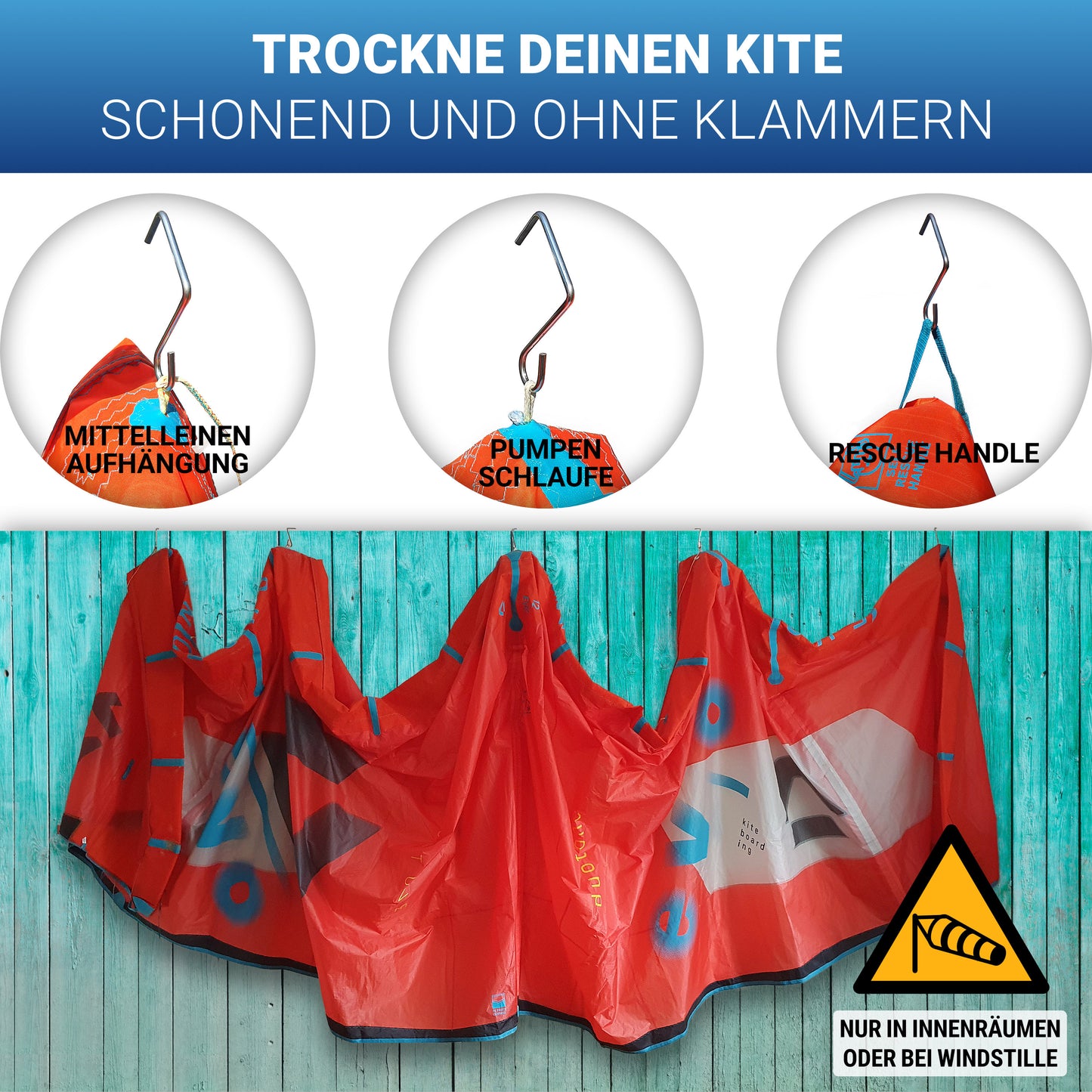 Trocknungshaken für Kite-Aufhängung – ideal bei Windstille oder drinnen