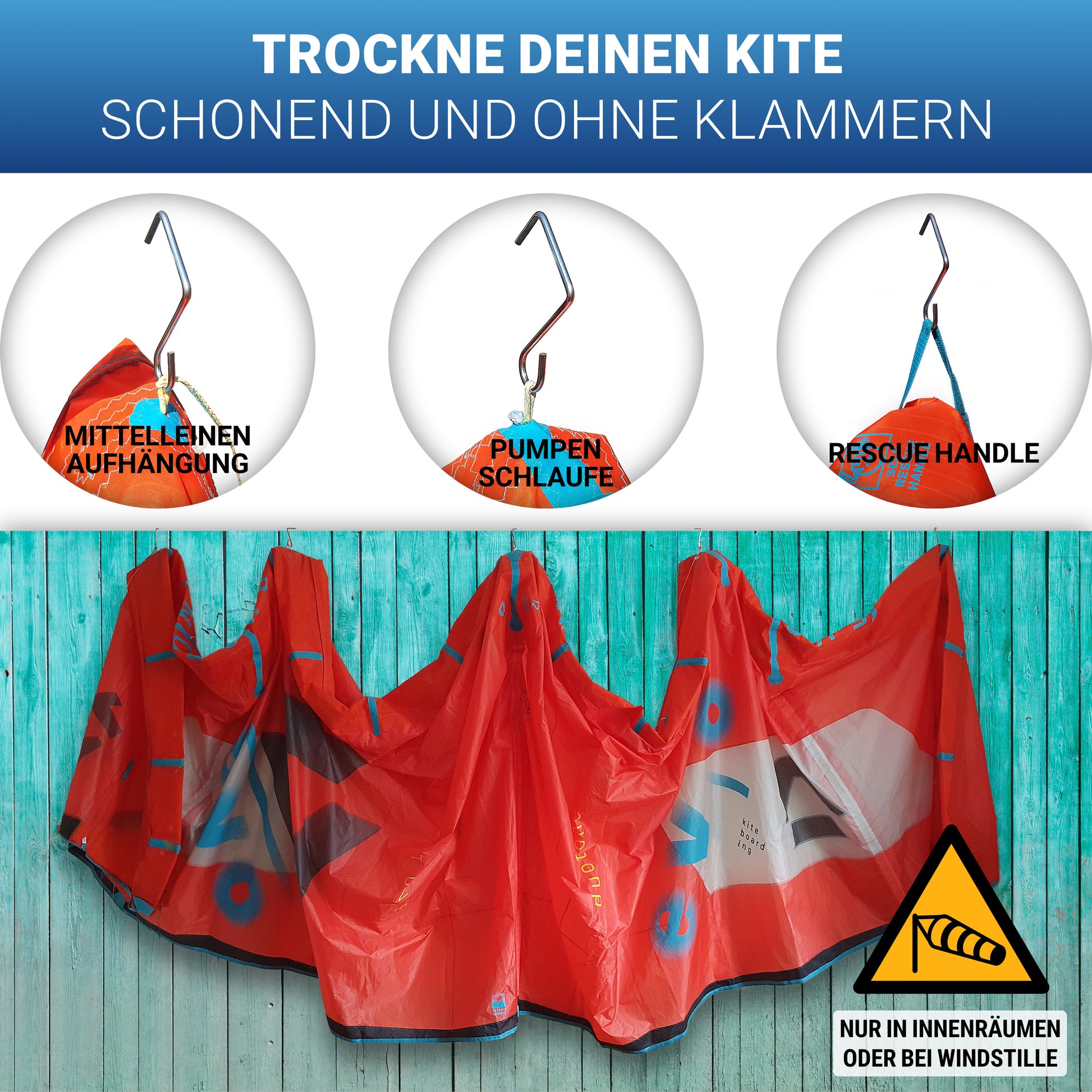 Trocknungshaken für Kite-Aufhängung – ideal bei Windstille oder drinnen
