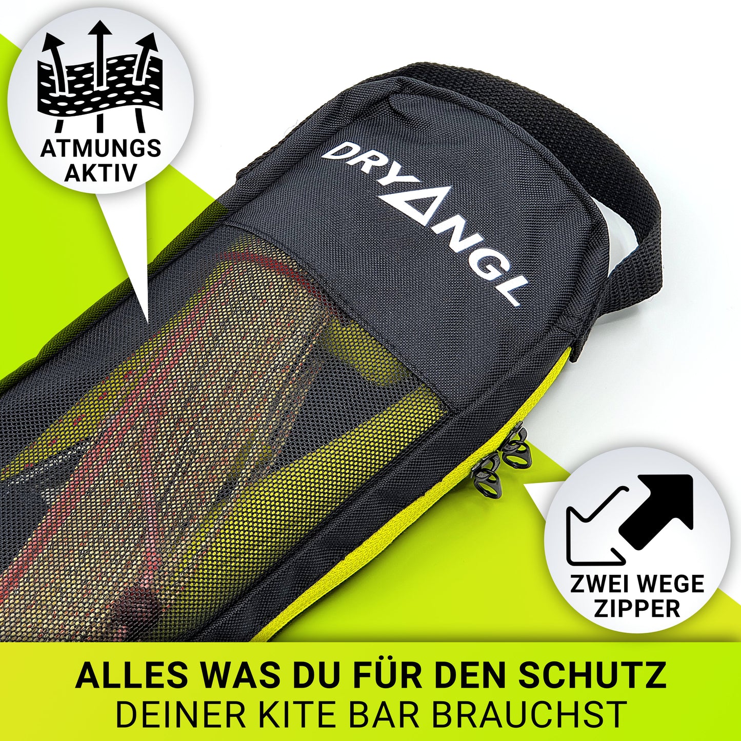 Dryangl KiteBarBag – Schutz für Kite Bar mit atmungsaktivem Netzmaterial und Zwei-Wege-Reißverschluss