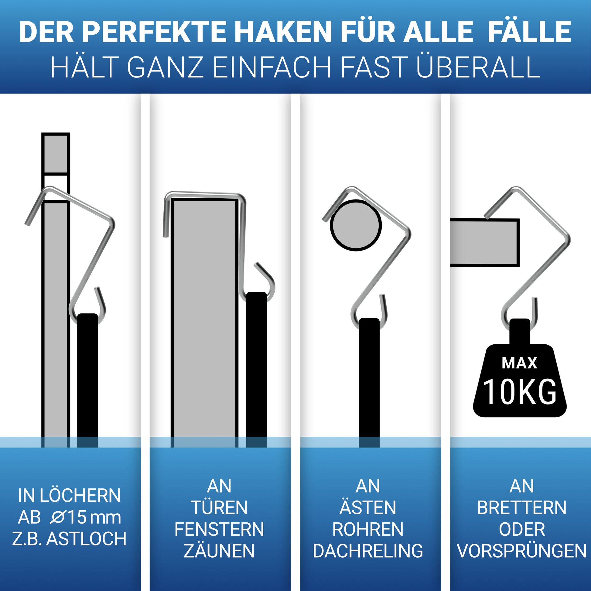 Materialhaken zur sicheren Befestigung an Ästen, Türen, Rohren oder Vorsprüngen