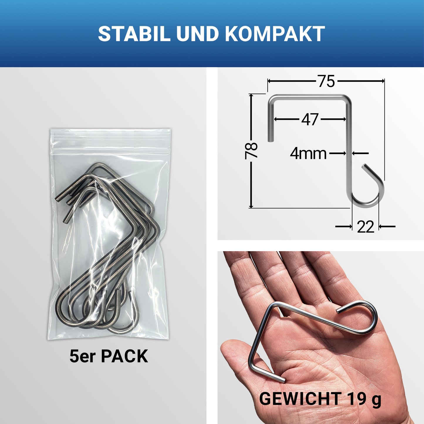 Stabile Edelstahl-Haken im 5er Pack – kompakt, leicht und tragfähig