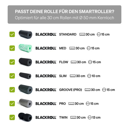 Kompatibilitäts-Check für den SmartRoller: Übersicht der passenden Blackroll-Modelle (30cm Länge, 50mm Kern) wie Standard, Med, Pro und Groove.