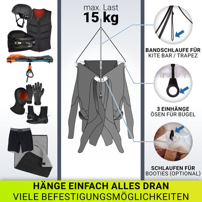 Neoprenanzug Aufhängebügel mit Zubehörhalterung – Kitebar, Trapez und Booties sicher aufhängen