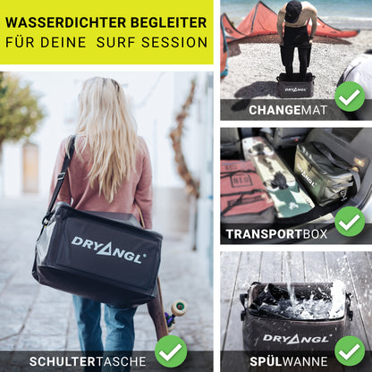 Surferin mit DRYANGL GearTub Tasche auf dem Weg zum Spot – stylisch und praktisch