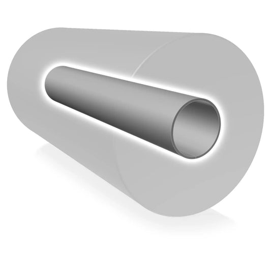 Titelbild des DRYANGL Ersatzrohrs: Ein scharf fokussiertes, graues Stabilisierungs-Innenrohr ist zentral platziert. Eine halbtransparente, umgebende Phantom-Grafik einer Faszienrolle zeigt die perfekte Passform für 50mm Kerne