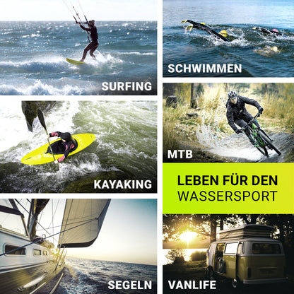 Anwendungsbeispiele für BootBungees: Surfing, Kayaking, Segeln, Schwimmen, Vanlife und Mountainbike.
