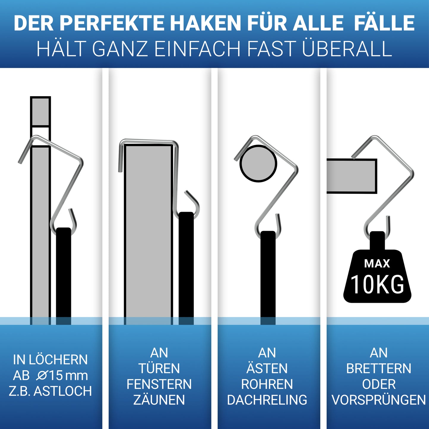 Materialhaken zur sicheren Befestigung an Ästen, Türen, Rohren oder Vorsprüngen