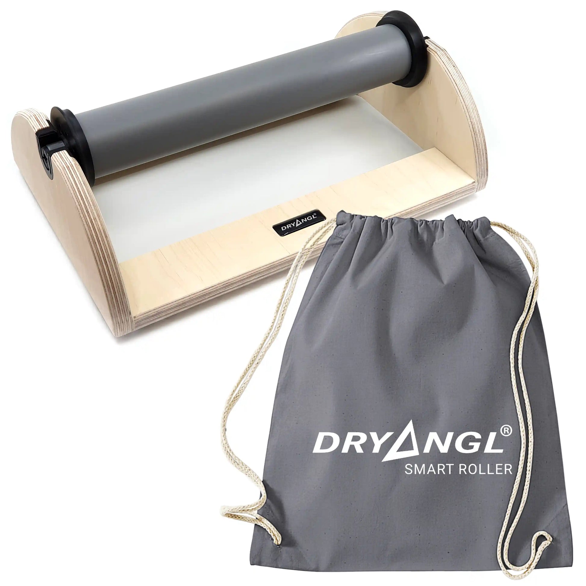 DRYANGL SmartRoller Lieferumfang: Stationäre Faszienrollen-Halterung aus Multiplex Birke mit grauem Baumwoll-Transportbeutel.
