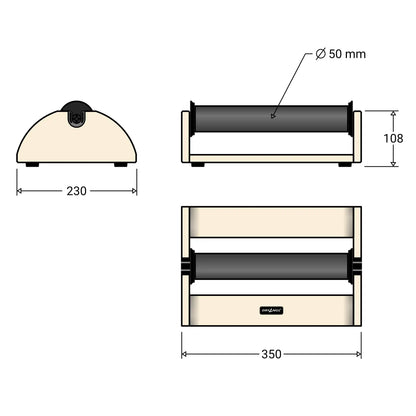 Technische Zeichnung des SmartRollers in drei Ansichten (Draufsicht, Vorderansicht, Seitenansicht) mit Bemaßung: Länge 350 mm, Breite 180 mm und eine Höhe von 120 mm für das Holzgestell aus Multiplex Birke.